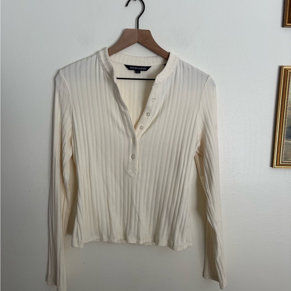 Veronica Beard Ivory Ribbed Button Down Shirt Classic Long Sleeve Medium NWOT